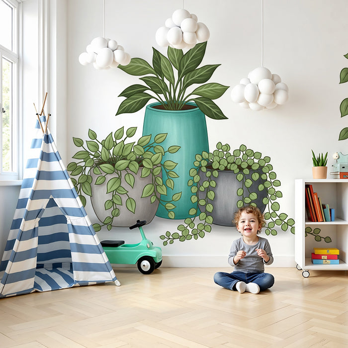 Papel pintado para habitación infantil | Plantas de interior en macetas sobre fondo blanco