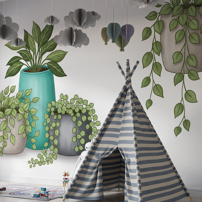 Papel pintado para habitación infantil | Plantas de interior en macetas sobre fondo blanco
