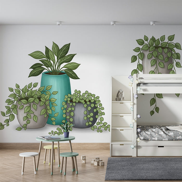 Papel pintado para habitación infantil | Plantas de interior en macetas sobre fondo blanco