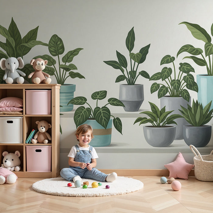 Behang kinderkamer | Stijlvolle kamerplanten in kleurrijke potten