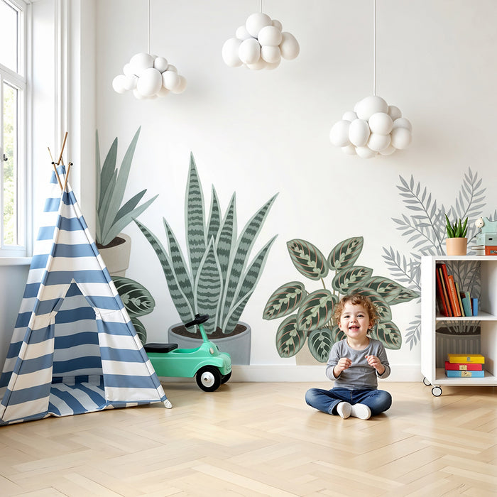 Papel pintado habitación infantil | Plantas de interior elegantes en macetas modernas