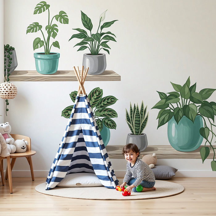 Tapeten fürs Kinderzimmer | Elegante Zimmerpflanzen auf Holzregalen