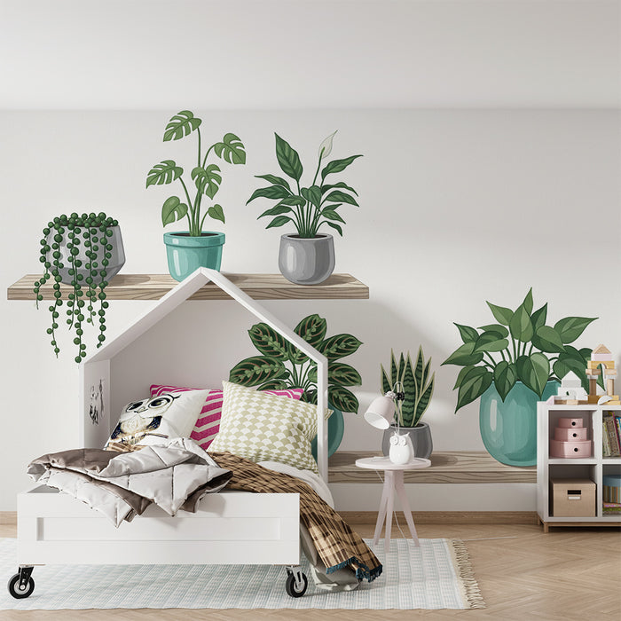 Tapeten fürs Kinderzimmer | Elegante Zimmerpflanzen auf Holzregalen