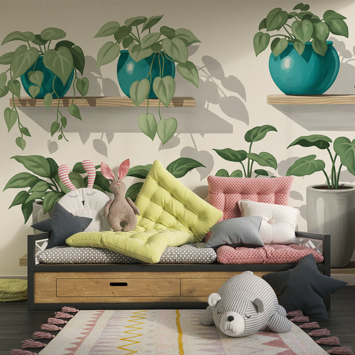 Papel pintado infantil | Plantas de interior en macetas de colores sobre estanterías de madera