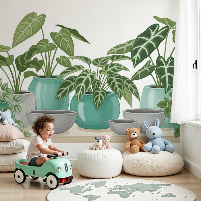 Children's bedroom wallpaper | Succulent indoor plants in pots