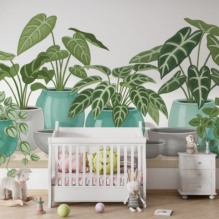 Children's bedroom wallpaper | Succulent indoor plants in pots