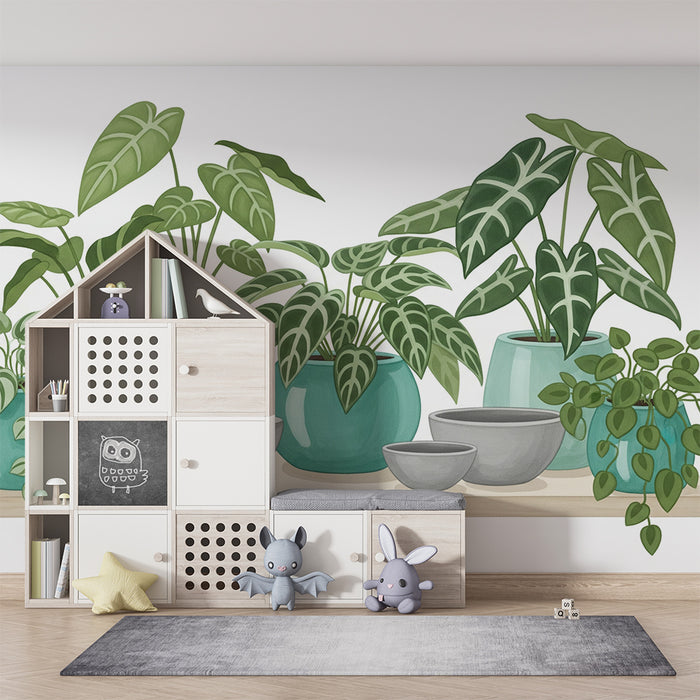 Children's bedroom wallpaper | Succulent indoor plants in pots