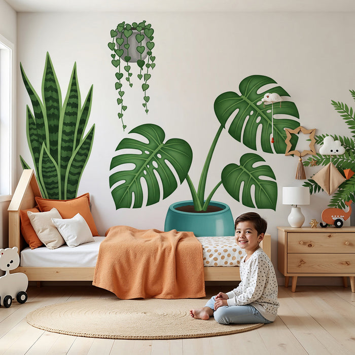 Behang kinderkamer | Weelderige kamerplanten in kleurrijke potten