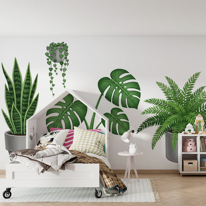 Behang kinderkamer | Weelderige kamerplanten in kleurrijke potten