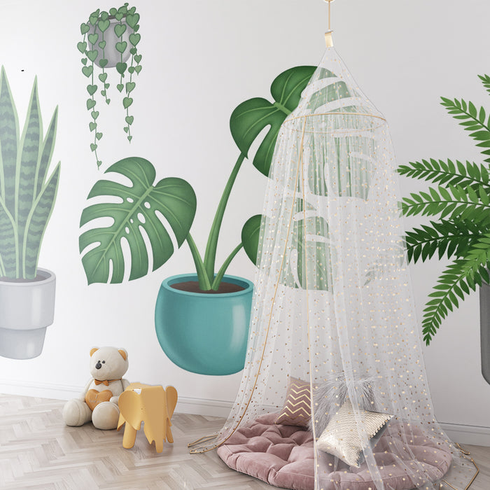 Behang kinderkamer | Weelderige kamerplanten in kleurrijke potten