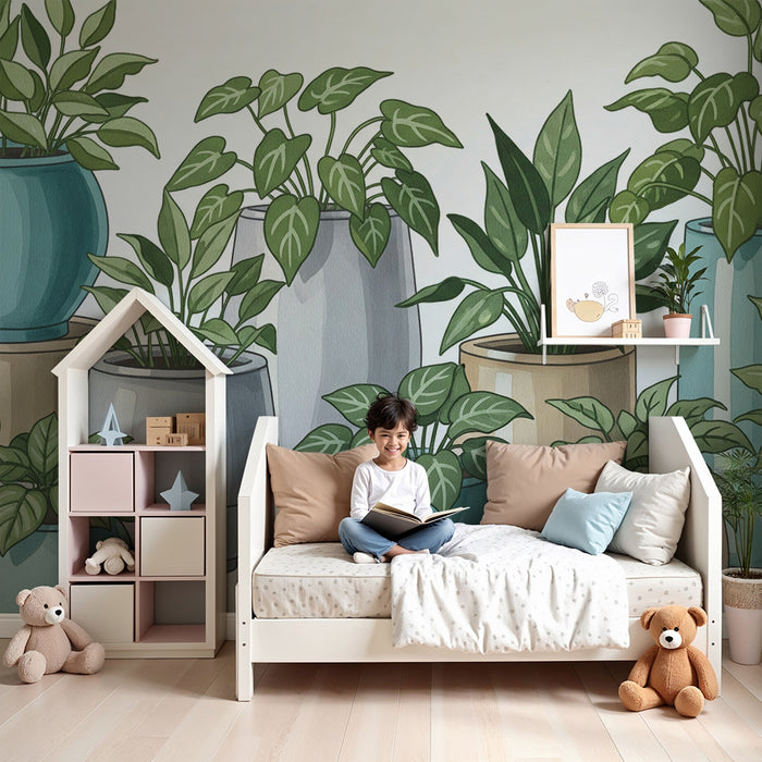 Barnetapet med planter i rolige farger