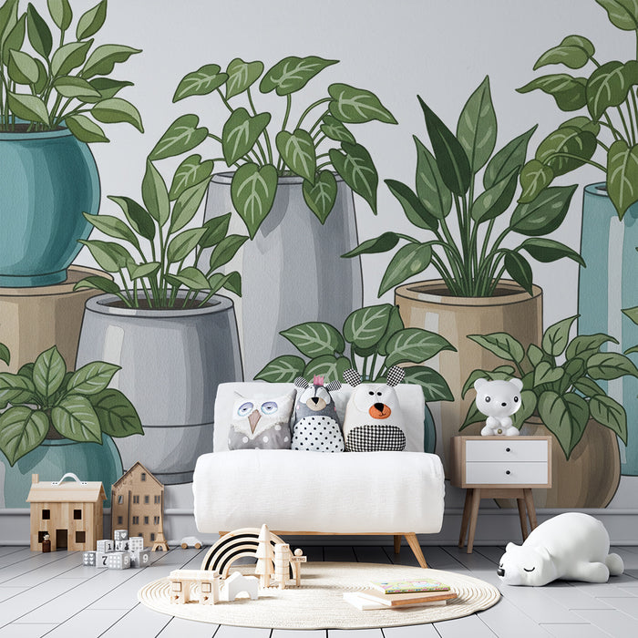 Barnetapet med planter i rolige farger