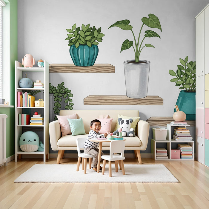 Behang kinderkamer | Planten in potten op houten planken