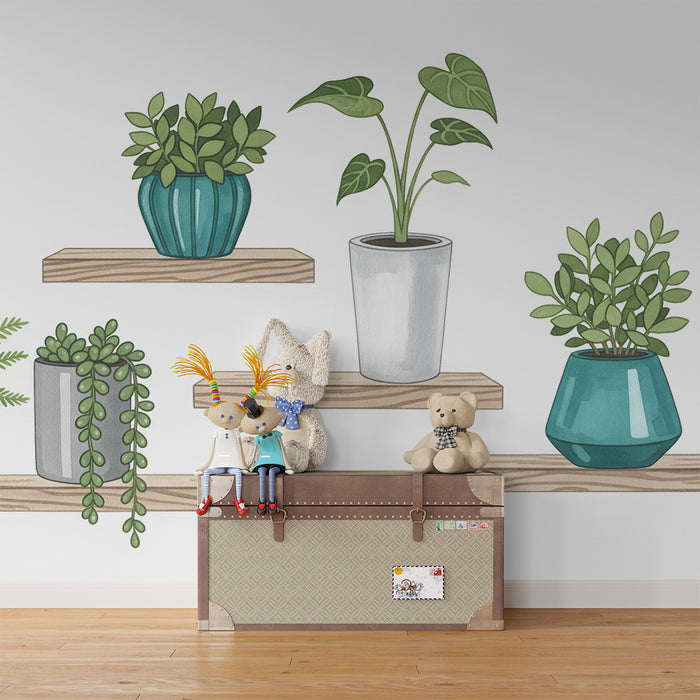Behang kinderkamer | Planten in potten op houten planken