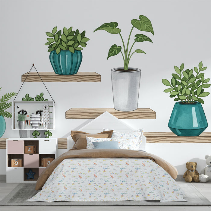 Behang kinderkamer | Planten in potten op houten planken