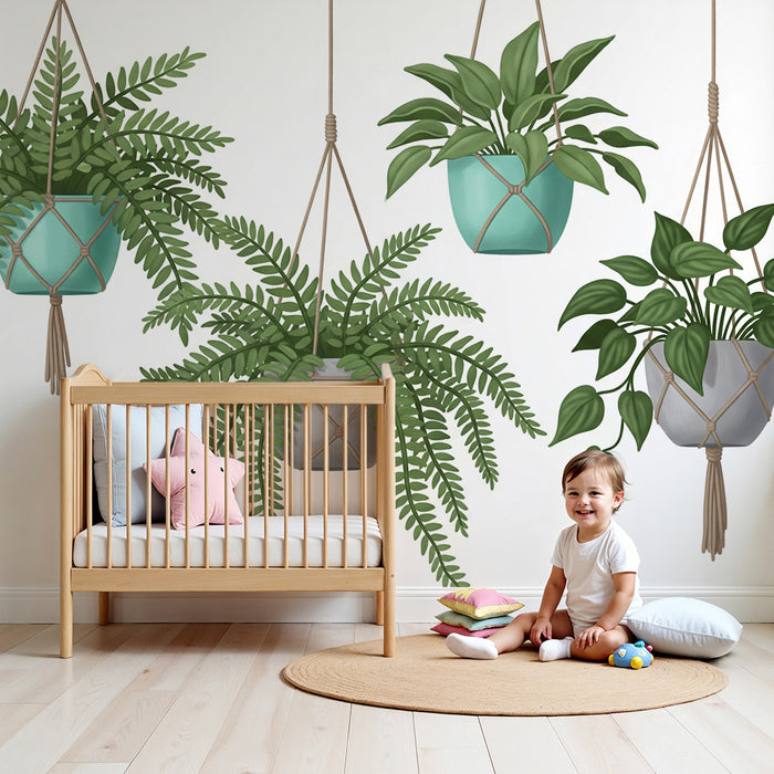 Papel pintado para habitación infantil | Plantas colgantes en macetas