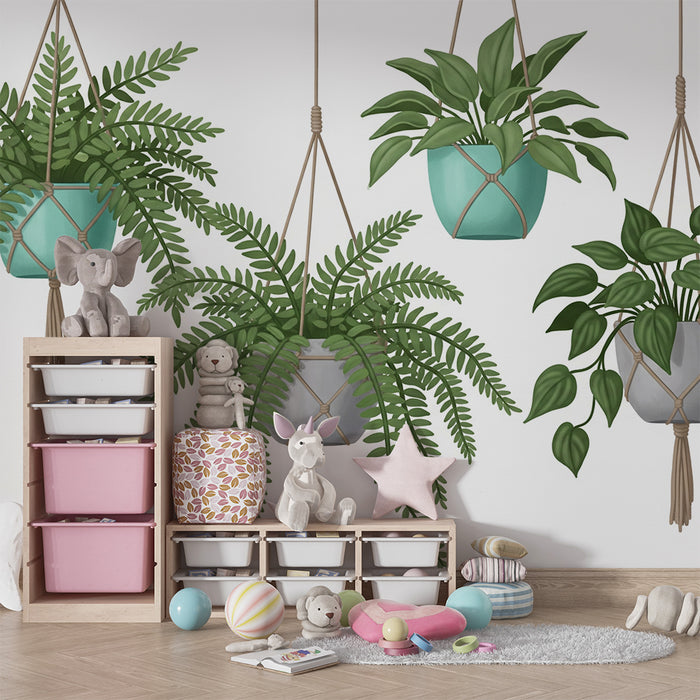 Papel pintado para habitación infantil | Plantas colgantes en macetas