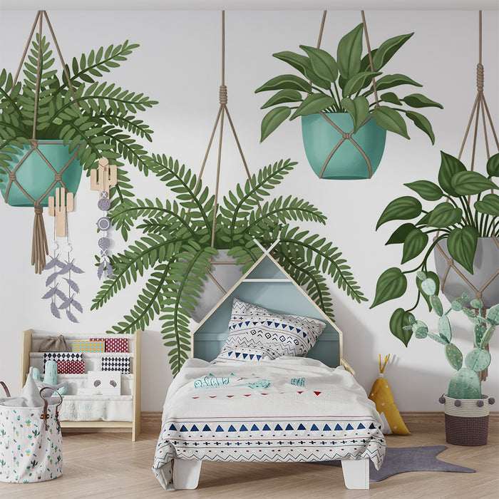 Papel pintado para habitación infantil | Plantas colgantes en macetas