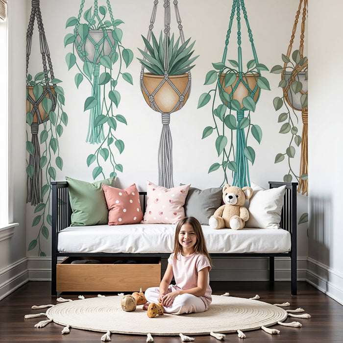 Papel de parede para quarto de criança | Plantas suspensas e macramé em tons suaves