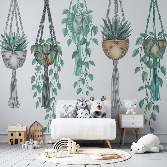Papel de parede para quarto de criança | Plantas suspensas e macramé em tons suaves