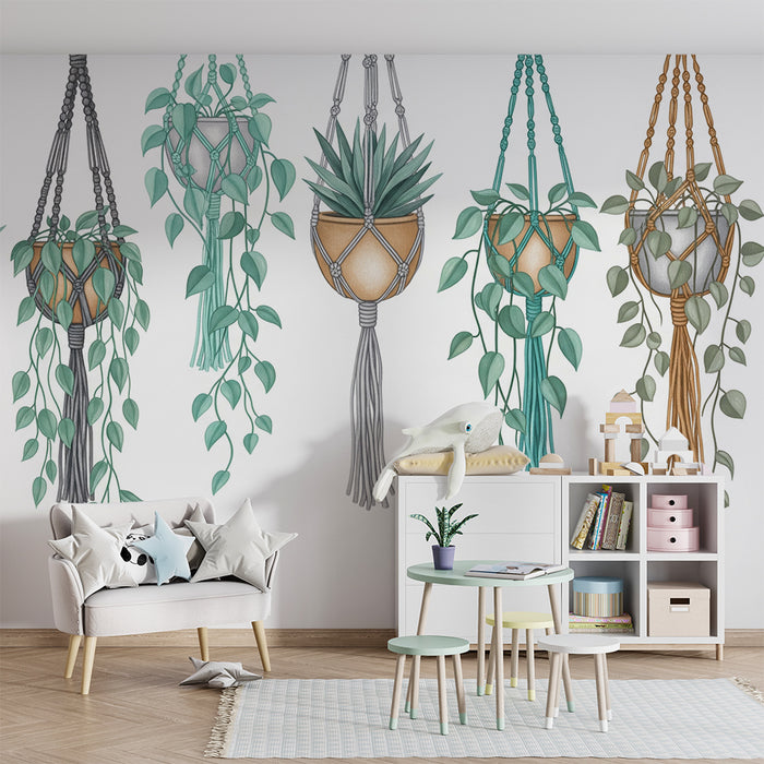 Papel de parede para quarto de criança | Plantas suspensas e macramé em tons suaves