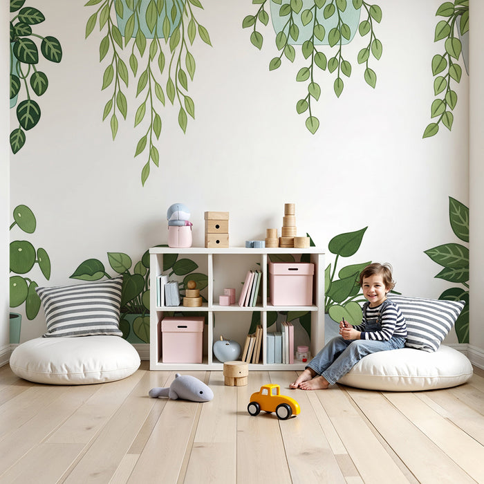 Behang kinderkamer | Groene kamerplanten in kleurrijke potten