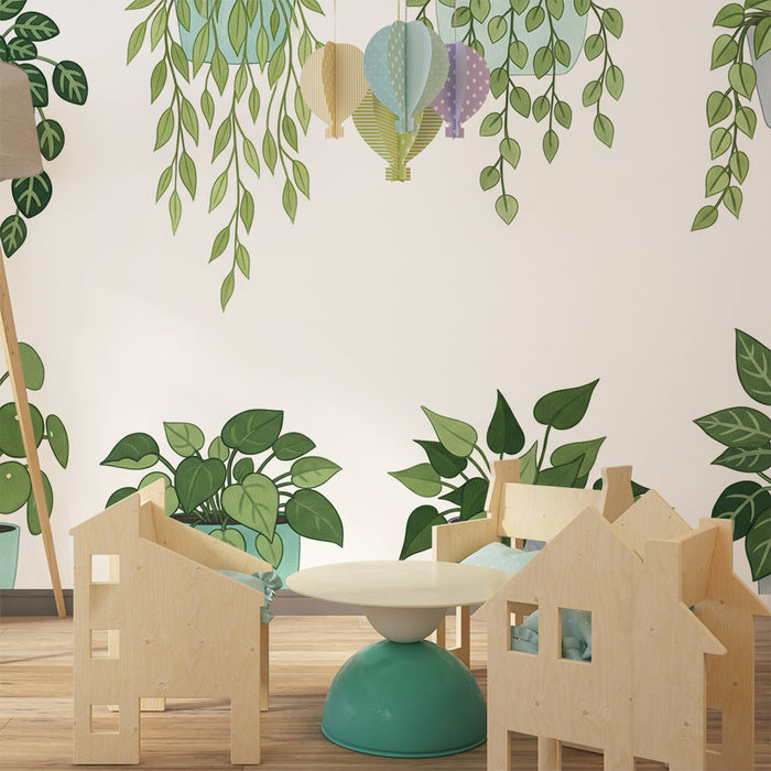 Behang kinderkamer | Groene kamerplanten in kleurrijke potten