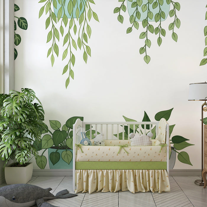 Behang kinderkamer | Groene kamerplanten in kleurrijke potten