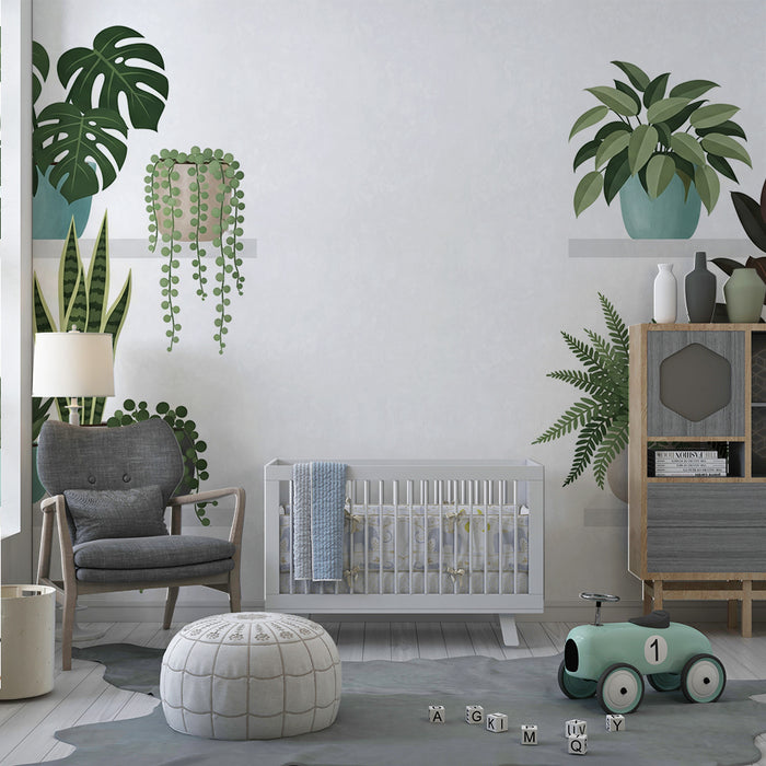 Kids' Room Wallpaper | Modern Shelves with Potted Green Plants