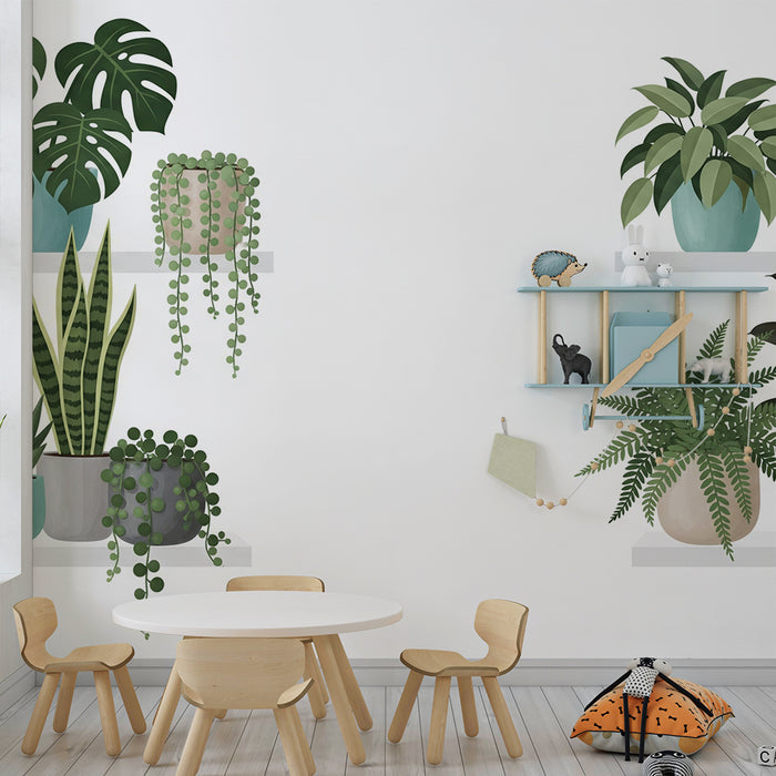 Kids' Room Wallpaper | Modern Shelves with Potted Green Plants