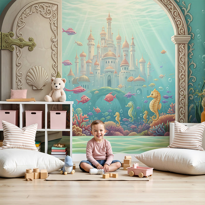 Children's bedroom wallpaper | Underwater adventure with a magical castle and sea creatures