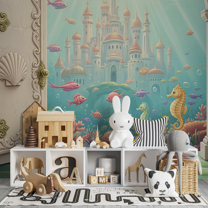 Children's bedroom wallpaper | Underwater adventure with a magical castle and sea creatures