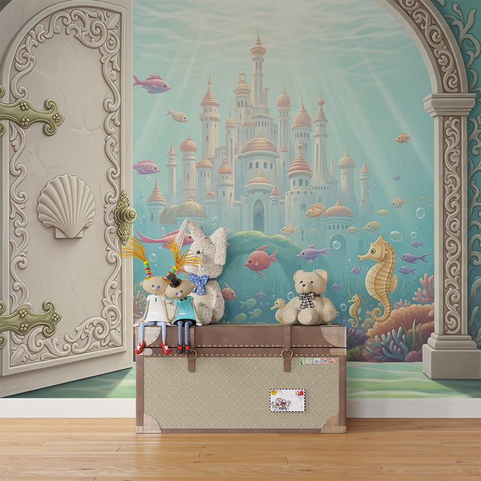 Children's bedroom wallpaper | Underwater adventure with a magical castle and sea creatures