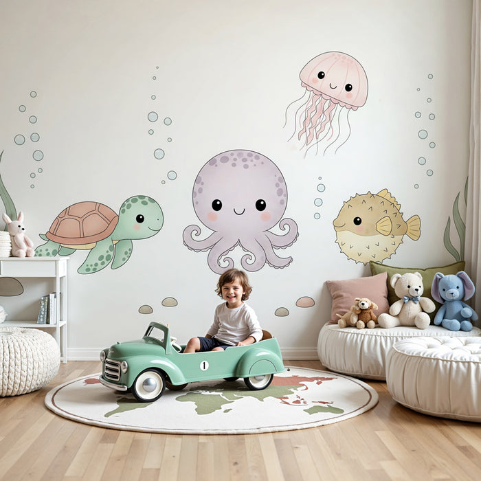Papier peint chambre enfant | Plongée sous-marine avec des animaux mignons