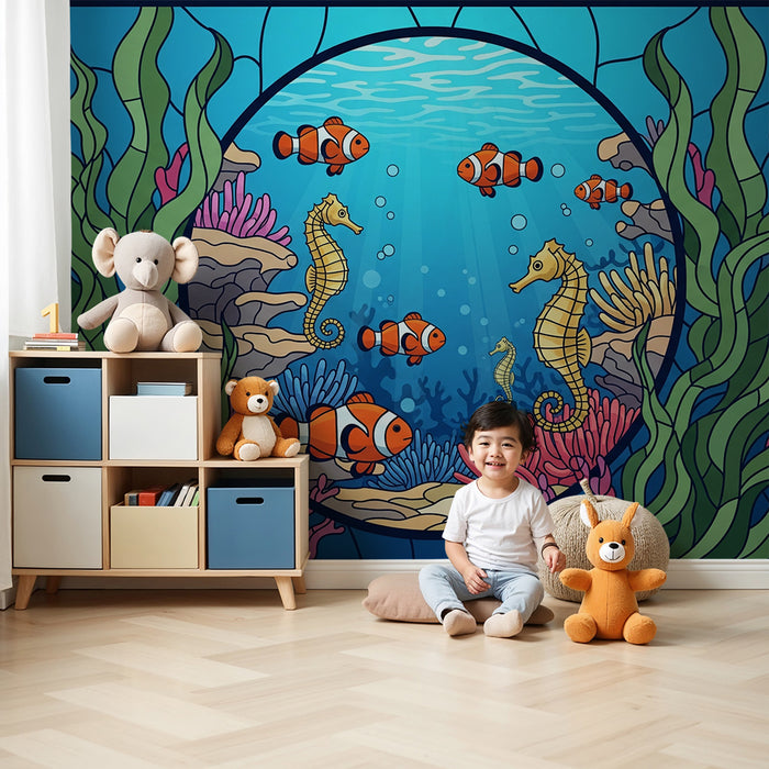 Gyerekszoba tapéta | Búvárkodás tenger alatt színes bohóc halak és tengeri lovak között