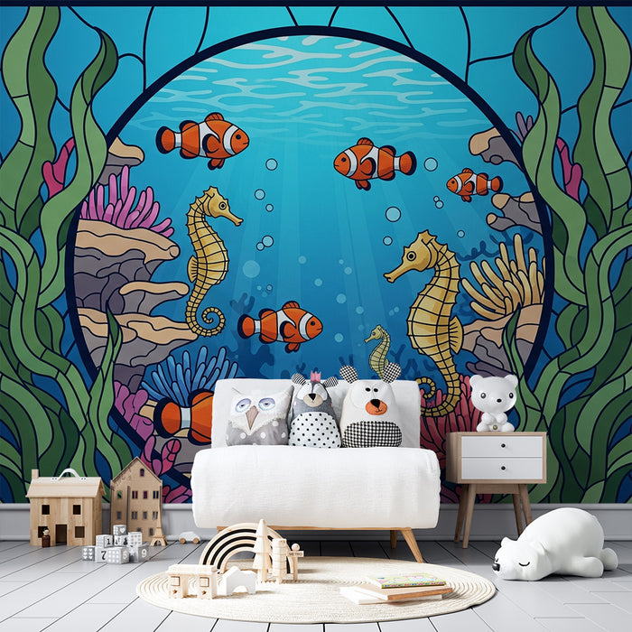 Gyerekszoba tapéta | Búvárkodás tenger alatt színes bohóc halak és tengeri lovak között