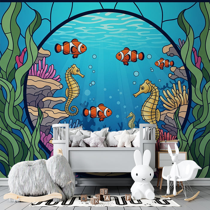 Gyerekszoba tapéta | Búvárkodás tenger alatt színes bohóc halak és tengeri lovak között
