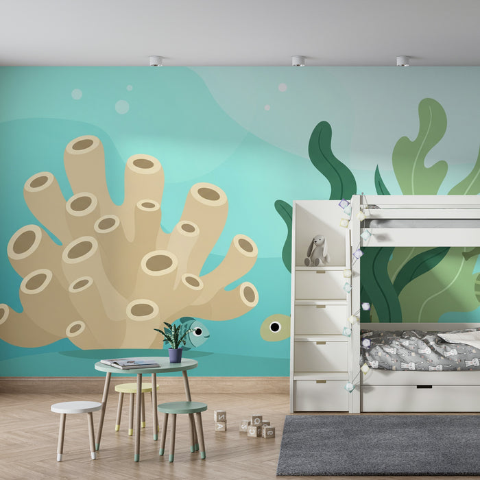 Papel pintado infantil | Buceo submarino con tortuga y caballito de mar