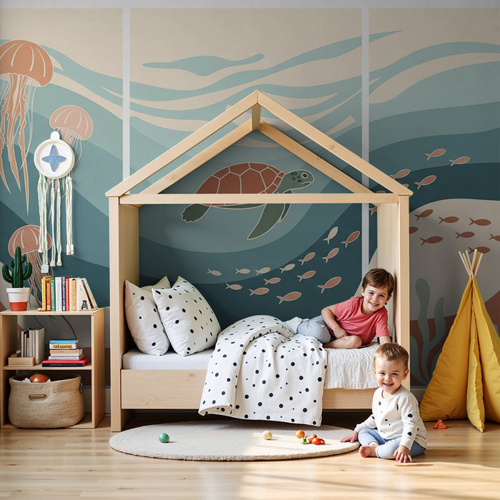 Carta da parati bambini | Immersione subacquea con tartaruga e meduse colorate