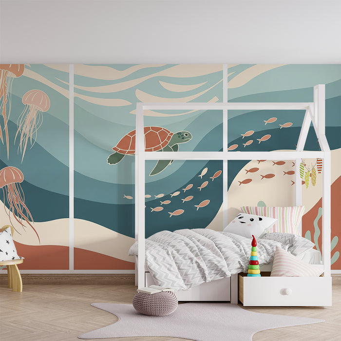 Carta da parati bambini | Immersione subacquea con tartaruga e meduse colorate