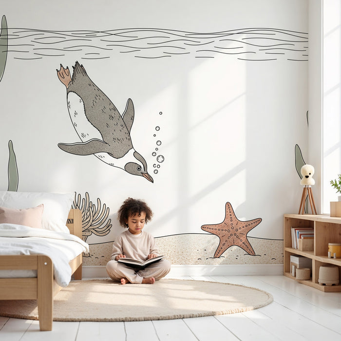 Kids room wallpaper | Potápění s tučňákem