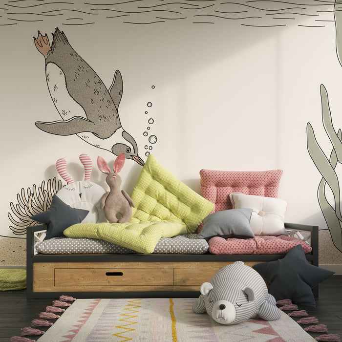 Kids room wallpaper | Potápění s tučňákem