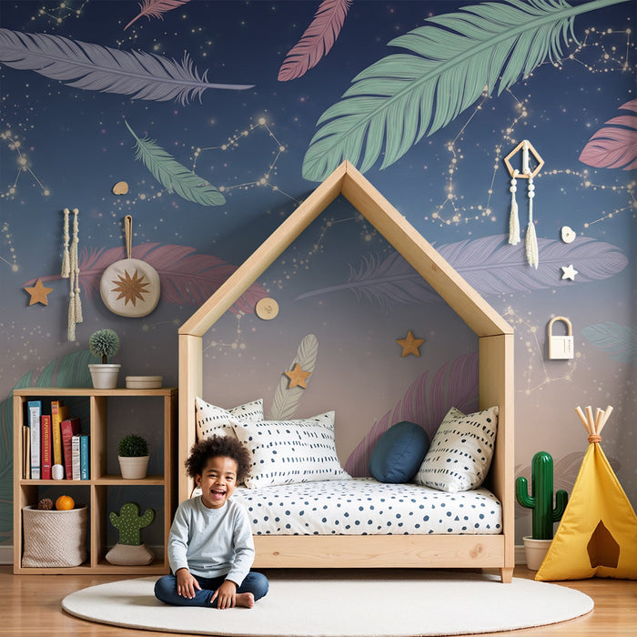 Kinderzimmer Tapete | Bunte Federn und Sternbilder in einem Sternenhimmel