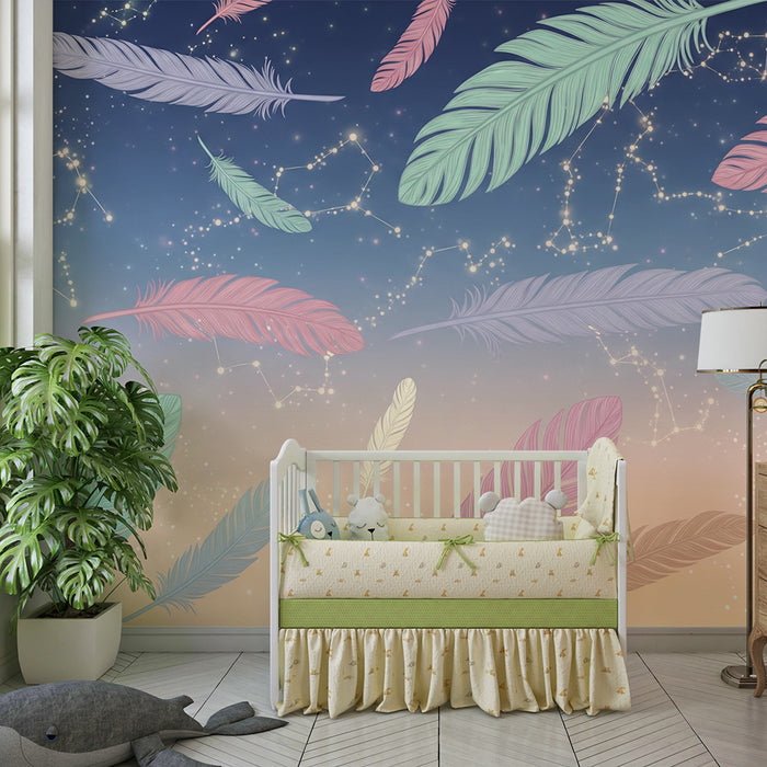 Kinderzimmer Tapete | Bunte Federn und Sternbilder in einem Sternenhimmel