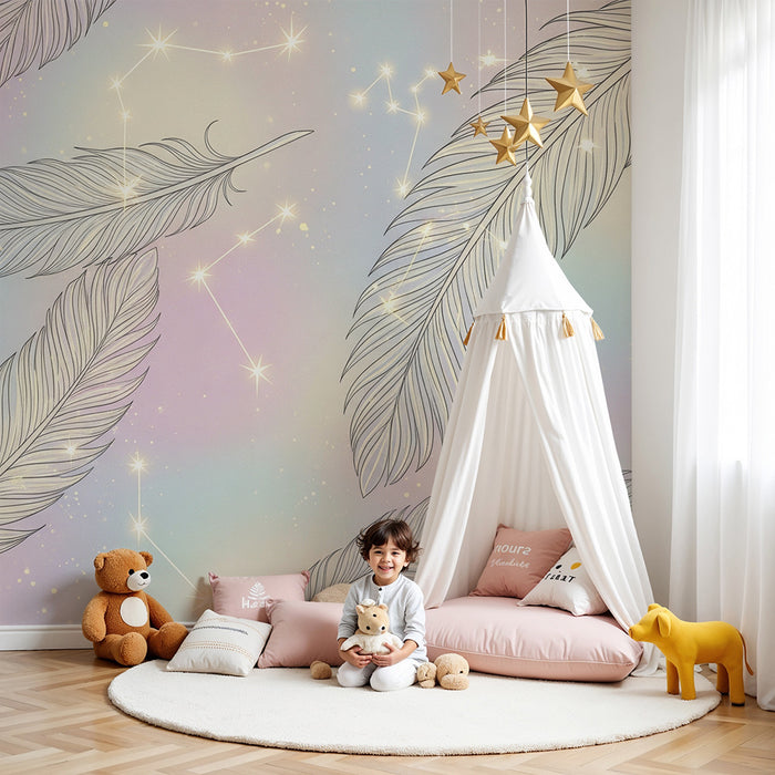 Kids room wallpaper | Delicate feathers and sparkling constellations on a pastel background