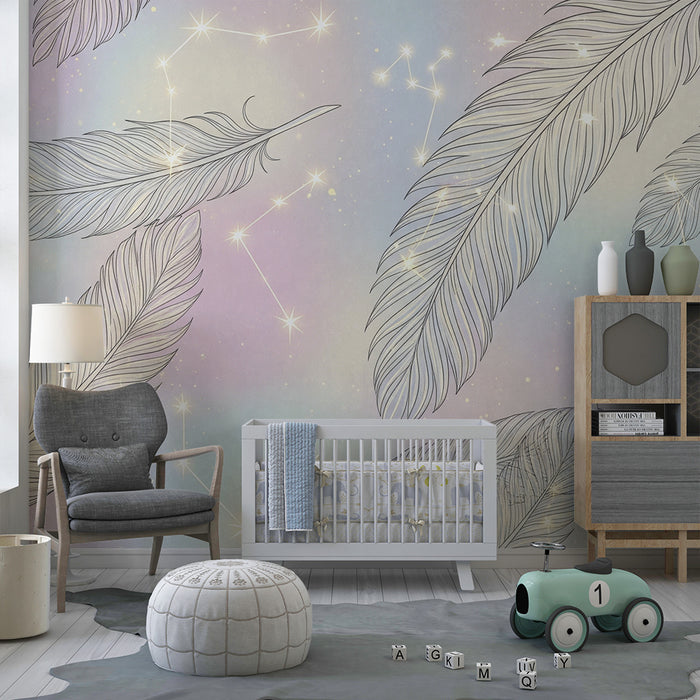 Kids room wallpaper | Delicate feathers and sparkling constellations on a pastel background