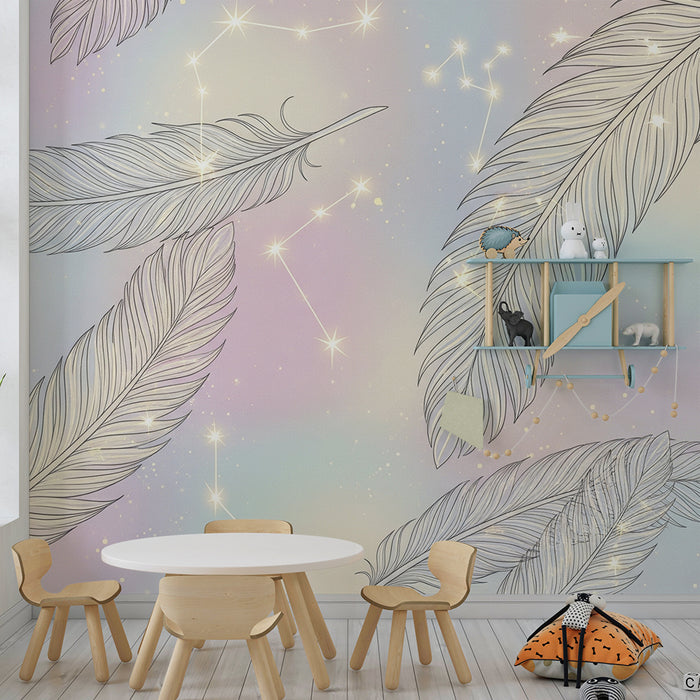 Kids room wallpaper | Delicate feathers and sparkling constellations on a pastel background