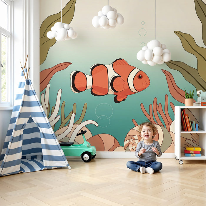 Papel de parede para quarto infantil | Peixe-palhaço e corais num universo marinho tranquilo