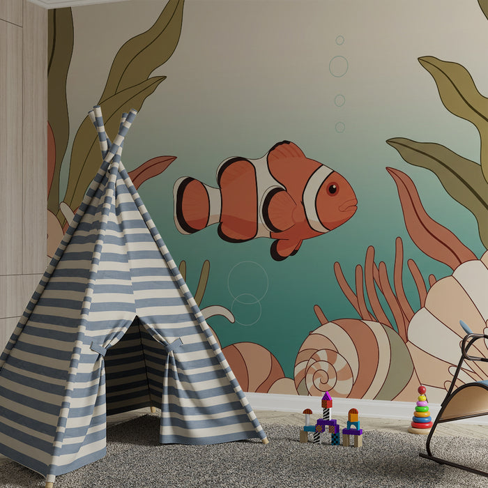 Papel de parede para quarto infantil | Peixe-palhaço e corais num universo marinho tranquilo
