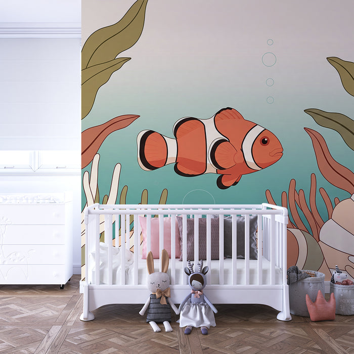 Papel de parede para quarto infantil | Peixe-palhaço e corais num universo marinho tranquilo